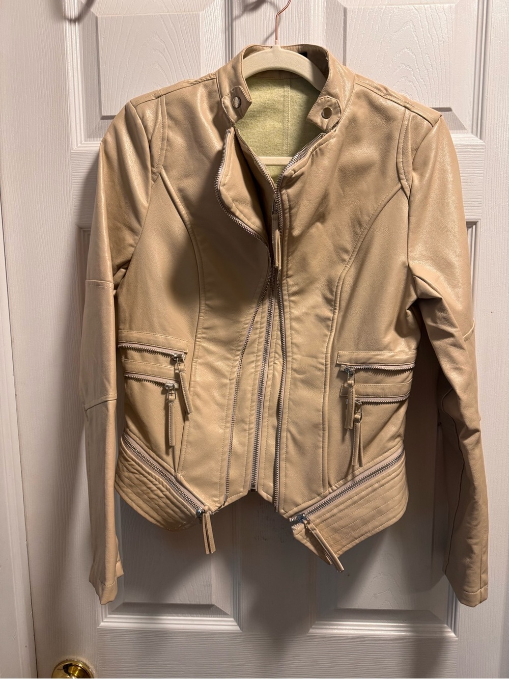 ChicMe Women’s Beige Moto Biker Jacket Multi-Zip Size M